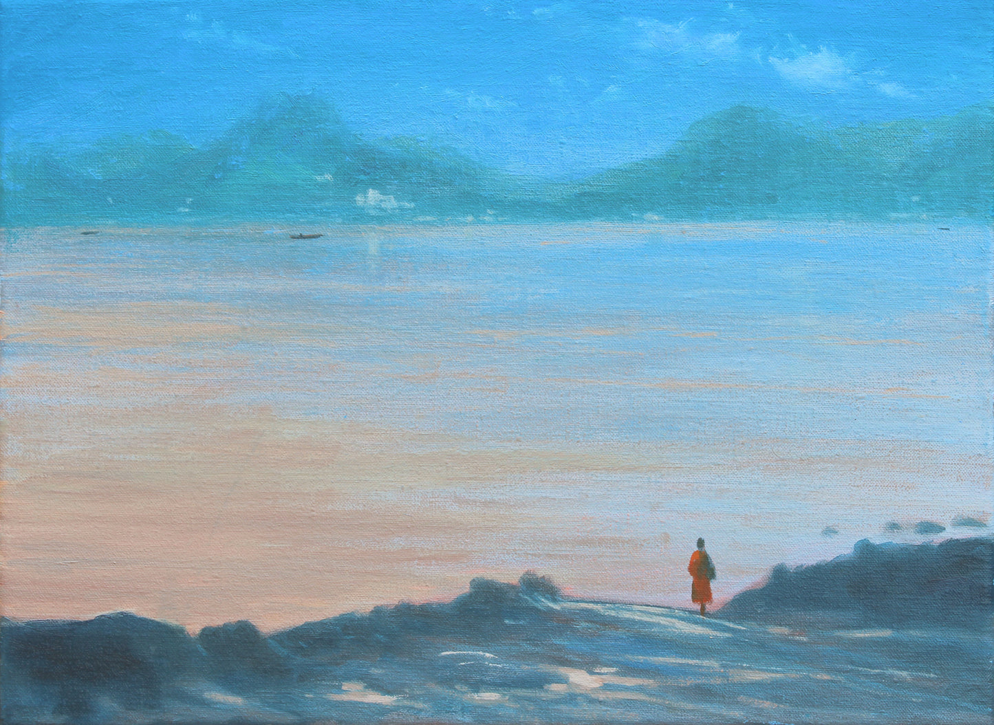 Monk Waiting To Cross The Mekong.