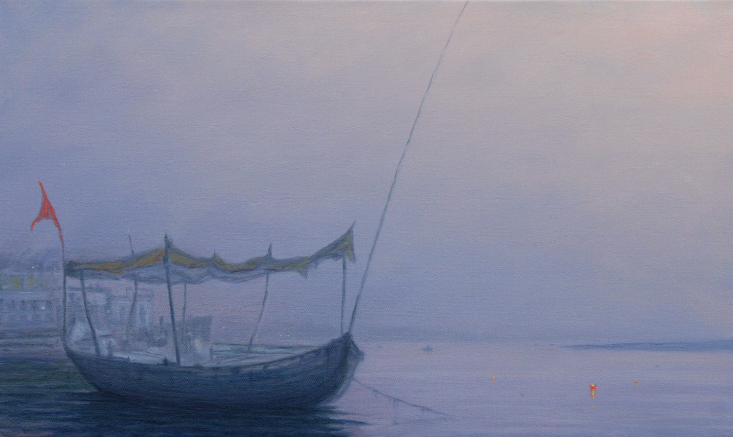 Prayer Candles On The Ganges. 30 x 18 Ins. Seascape painting by Derek Hare