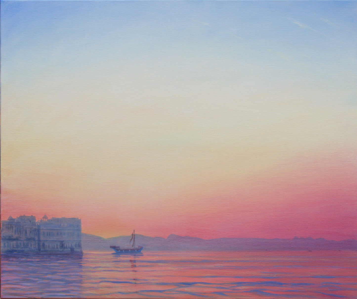 Sunset at Lake Palace, Udaipur. 36 x 30 ins. Seascape painting by Derek hare