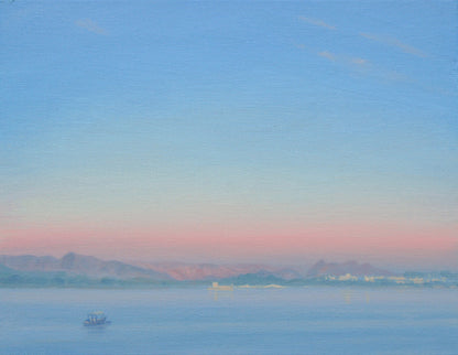 Dawn Over Lake Piccola. 18 x 14 ins. Seascape painting by Derek Hare. beach wall art, beach canvas prints, seascape paintings, seascape art, india wall art, derek hare wall art, living room art, ocean art prints, bedroom art
