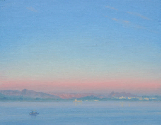 Dawn Over Lake Piccola. 18 x 14 ins. Seascape painting by Derek Hare. beach wall art, beach canvas prints, seascape paintings, seascape art, india wall art, derek hare wall art, living room art, ocean art prints, bedroom art