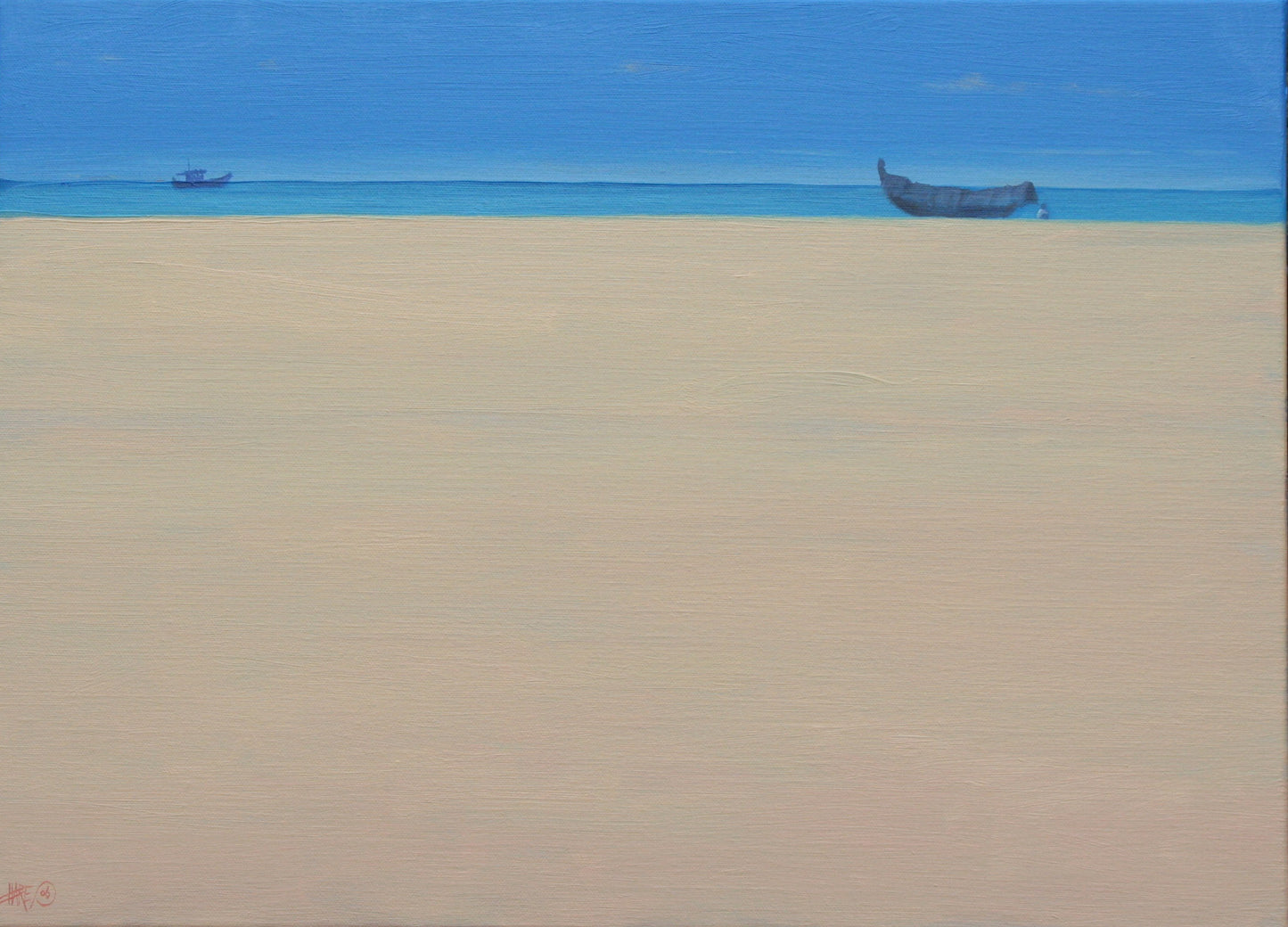 Fishing Boats At Puvar, Kerala. 22 x 16 ins. Seascape painting by Derek Hare