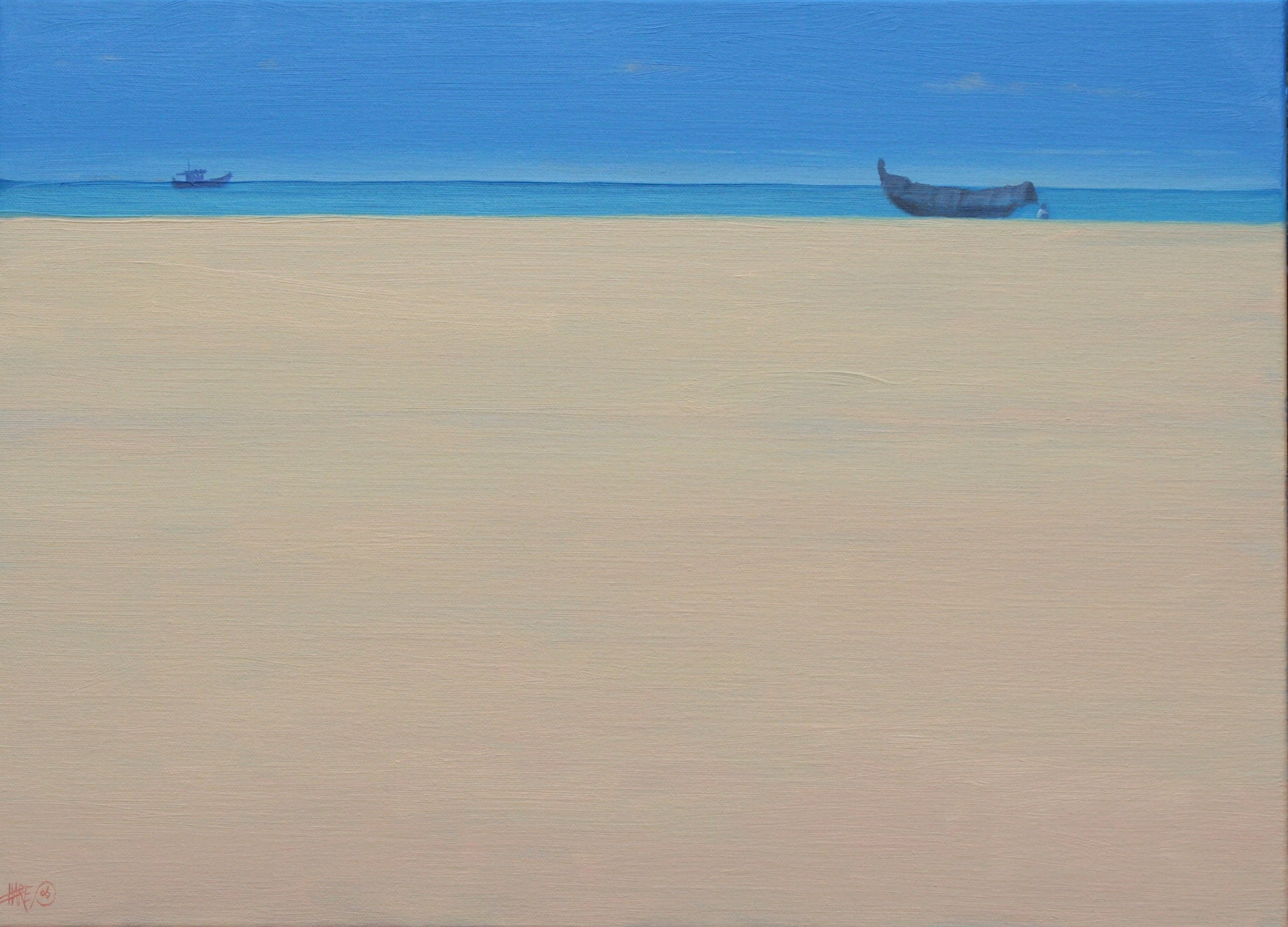 Fishing Boats At Puvar, Kerala. 22 x 16 ins. Seascape painting by Derek Hare