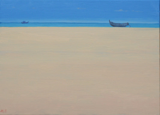 Fishing Boats At Puvar, Kerala. 22 x 16 ins. Seascape painting by Derek Hare