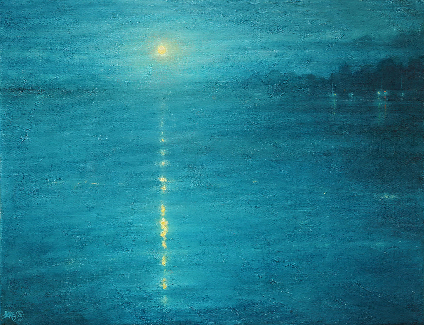 Moonrise On The Canal 18ins x 14ins. 2020. Seascape painting by Derek Hare