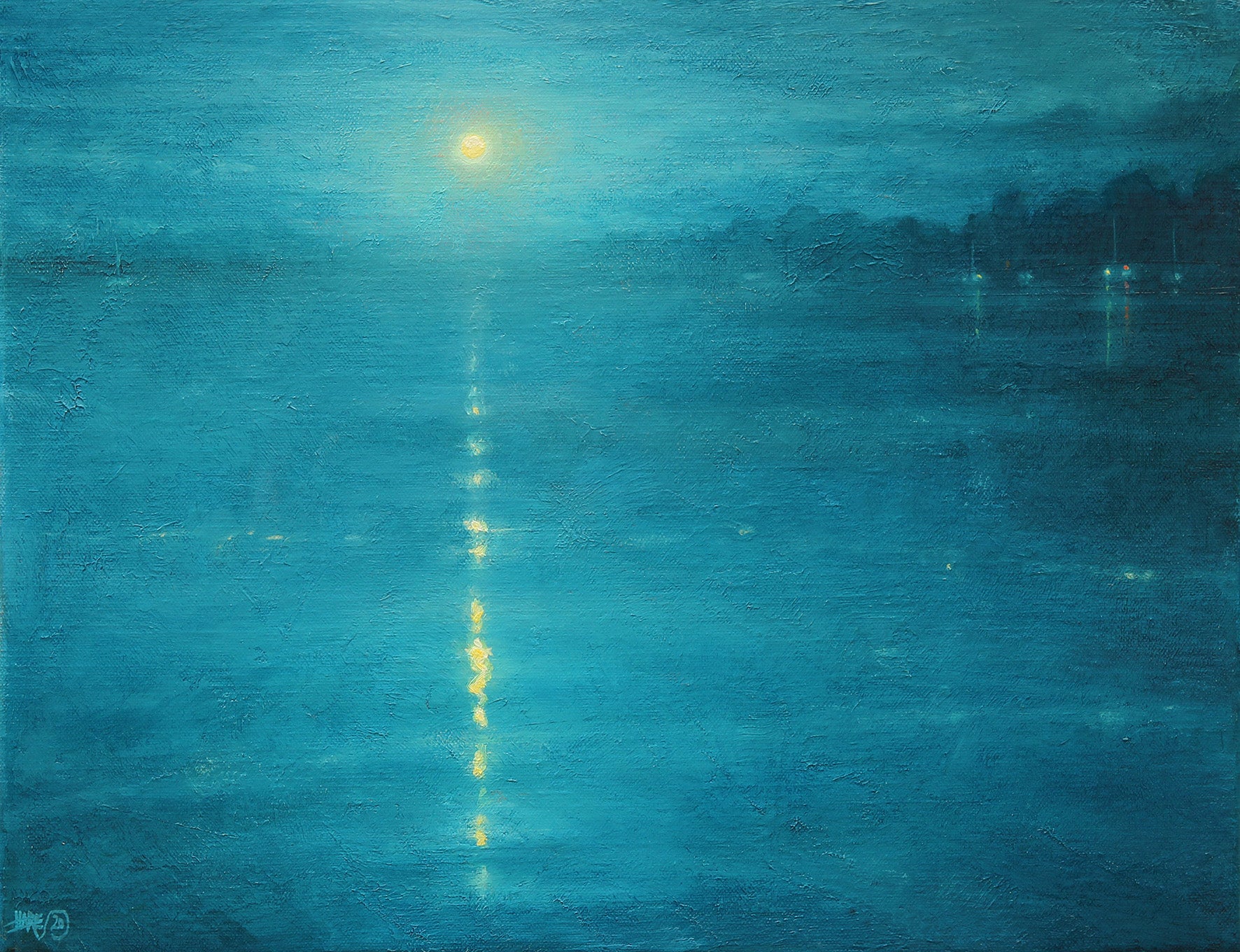 Moonrise On The Canal 18ins x 14ins. 2020. Seascape painting by Derek Hare