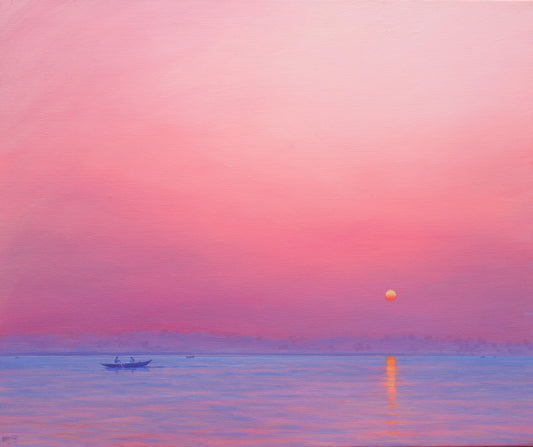Pink Dawn On The Ganges. 36ins x 30ins. Seascape painting by Derek Hare