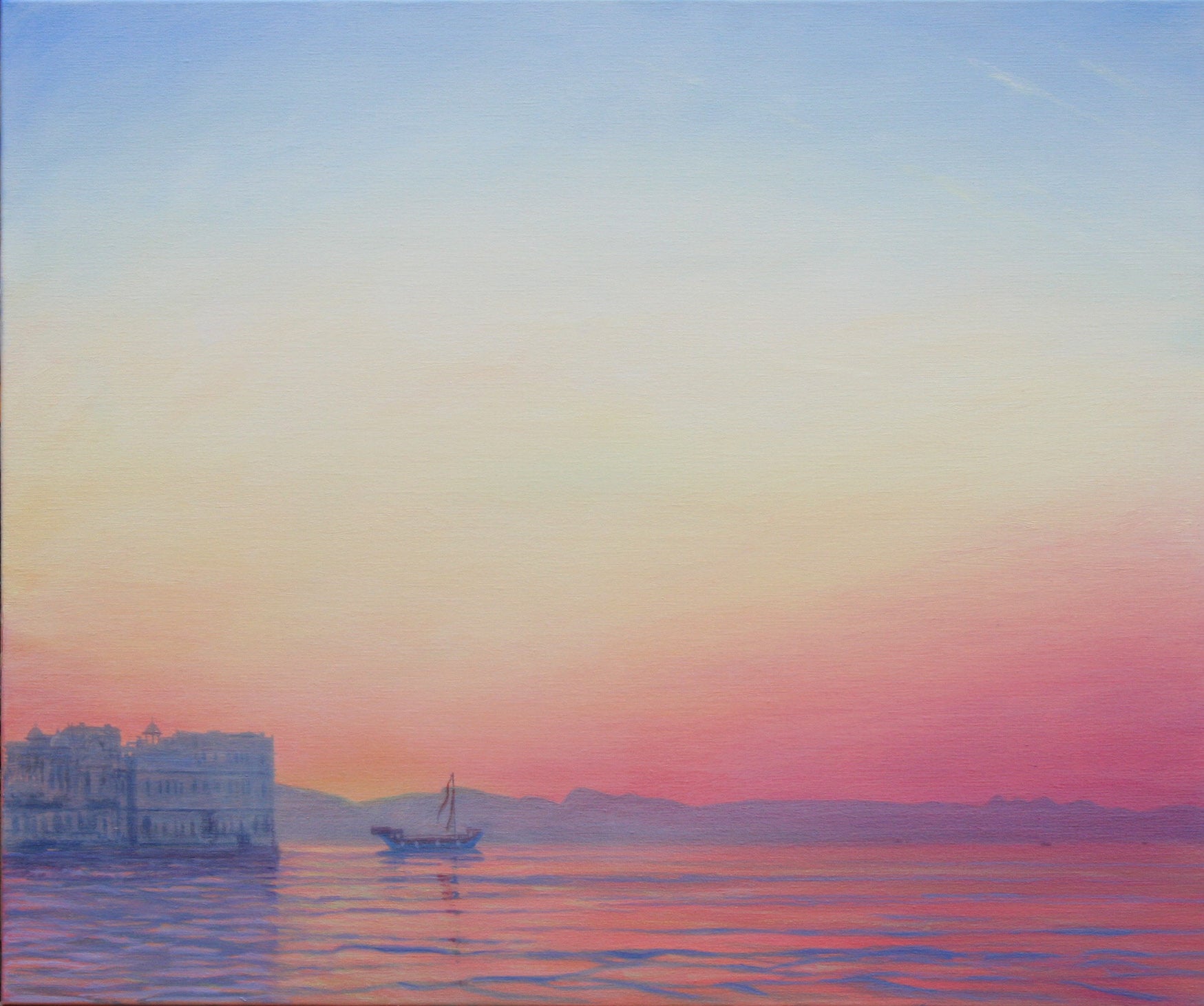 Sunset at Lake Palace, Udaipur. 36 x 30 ins. Seascape painting by Derek hare 