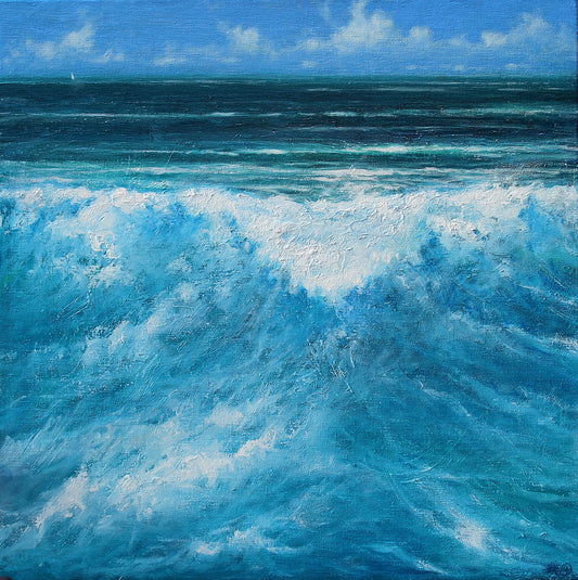 Wave Break 26ins x 26ins. Seascape painting by Derek Hare